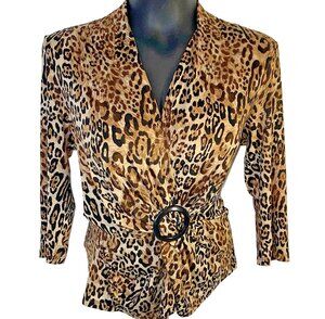 Caribe Women's S Blouse Cheetah Print Brown, Tan Wrap Front Peplum